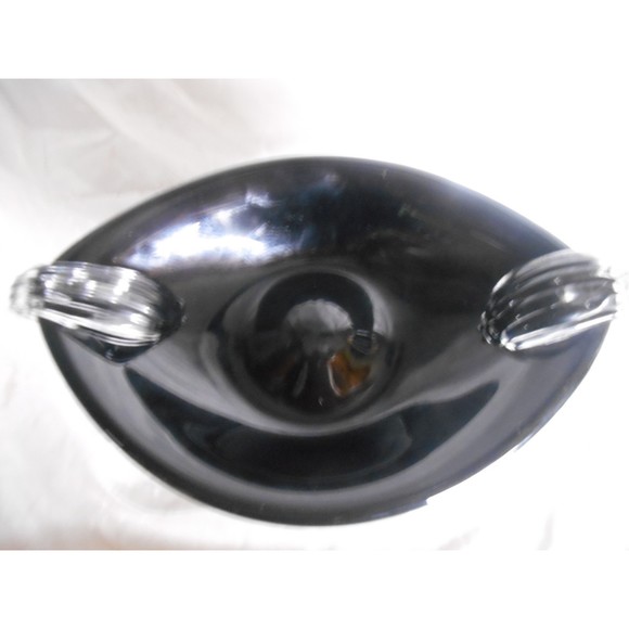 Art Deco Black Glass Trinket Bowl with Clear Swirled Handles Handcrafted - Picture 2 of 2